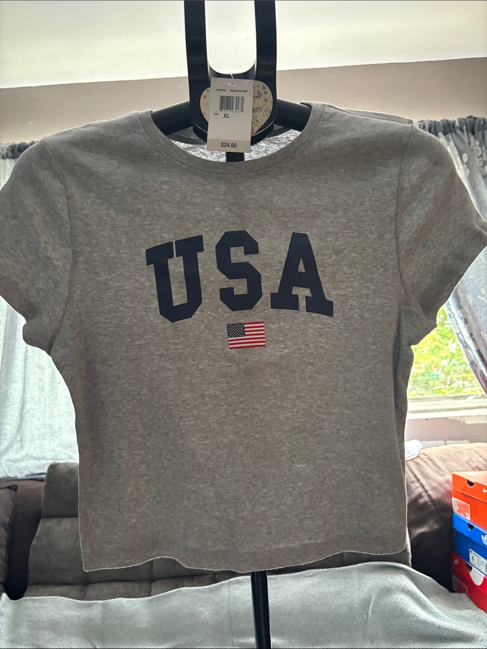 Self Esteem Gray Tee with Navy USA & Small Flag